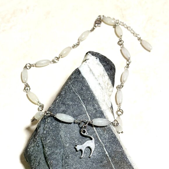 Genuine Milky Quartz Short Necklace, Natural Gemstone w/ Cute Slim Cat Pendant - Picture 7 of 15